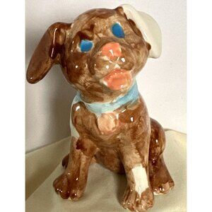 Vintage Ceramic Puppy Dog Figurine Glazed Brown White Ear Blue Eyes